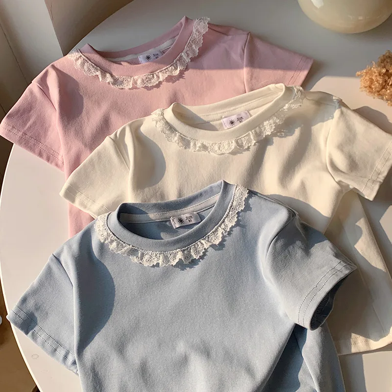 Clothes Sweet Lace Neck Clothing Tops 1 to 6 Years Short Sleeved T-shirt Korean Girls Summer