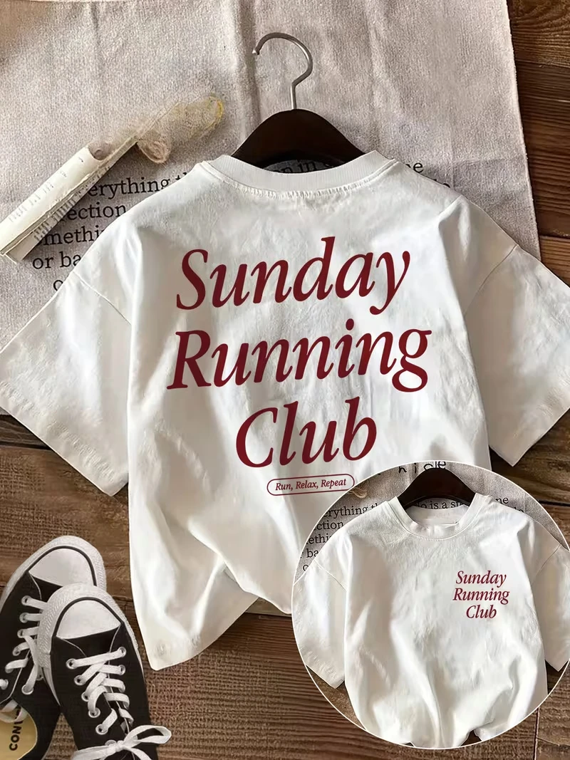 Women's Top with Double-Sided Print, Y2k Style, Sunday Running Club Text, Spring Summer Casual, Round Neck, Printed Short Sleeve