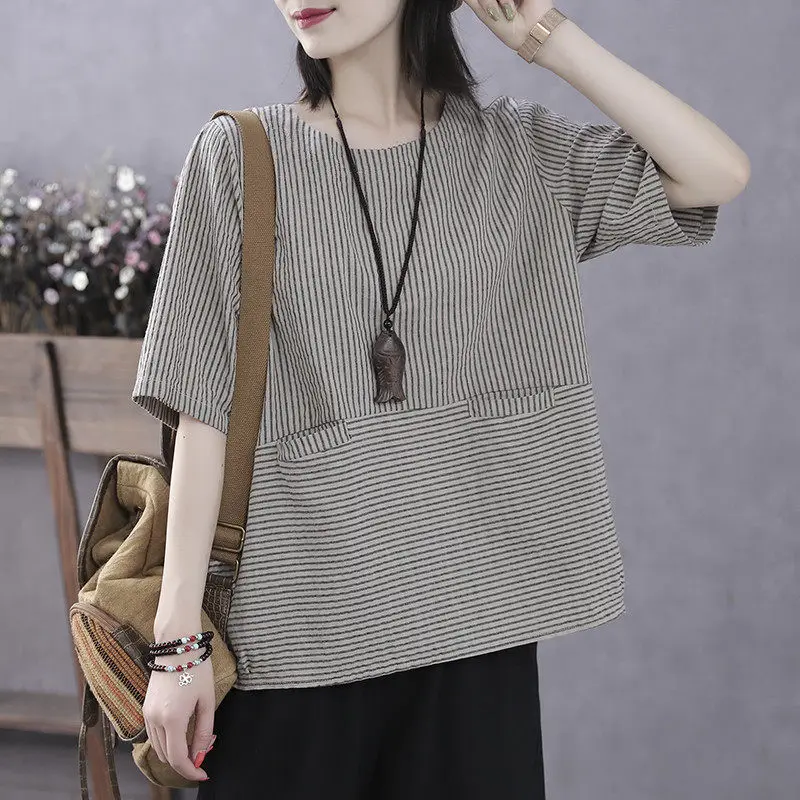 Plus Size Women's Summer Casual Retro T-Shirt Loose Striped Thin Office Lady Fashion New Arrival Trendy Comfortable
