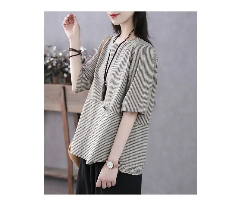 Plus Size Women's Summer Casual Retro T-Shirt Loose Striped Thin Office Lady Fashion New Arrival Trendy Comfortable