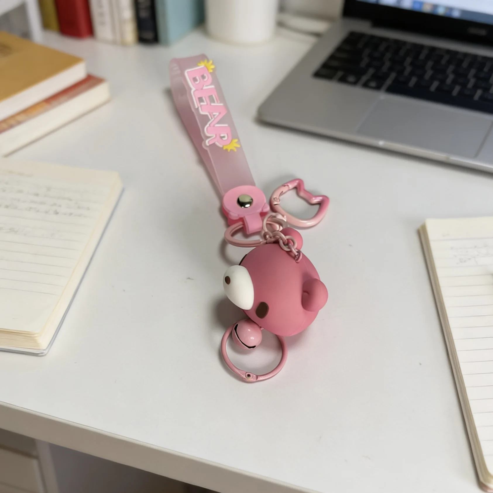 Cute Pink Bear Keychain with Bell & Wrist Strap – Kawaii Bag Charm for Daily Decor & Gift