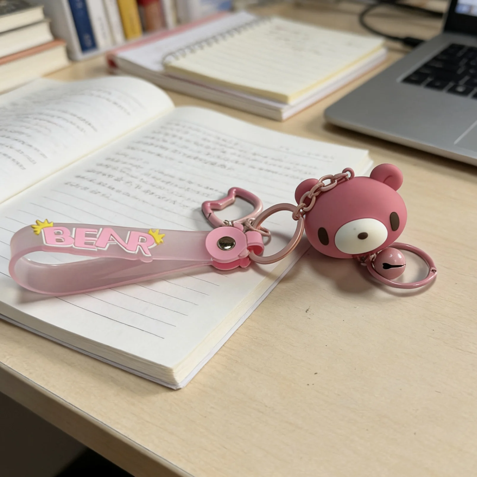 Cute Pink Bear Keychain with Bell & Wrist Strap – Kawaii Bag Charm for Daily Decor & Gift