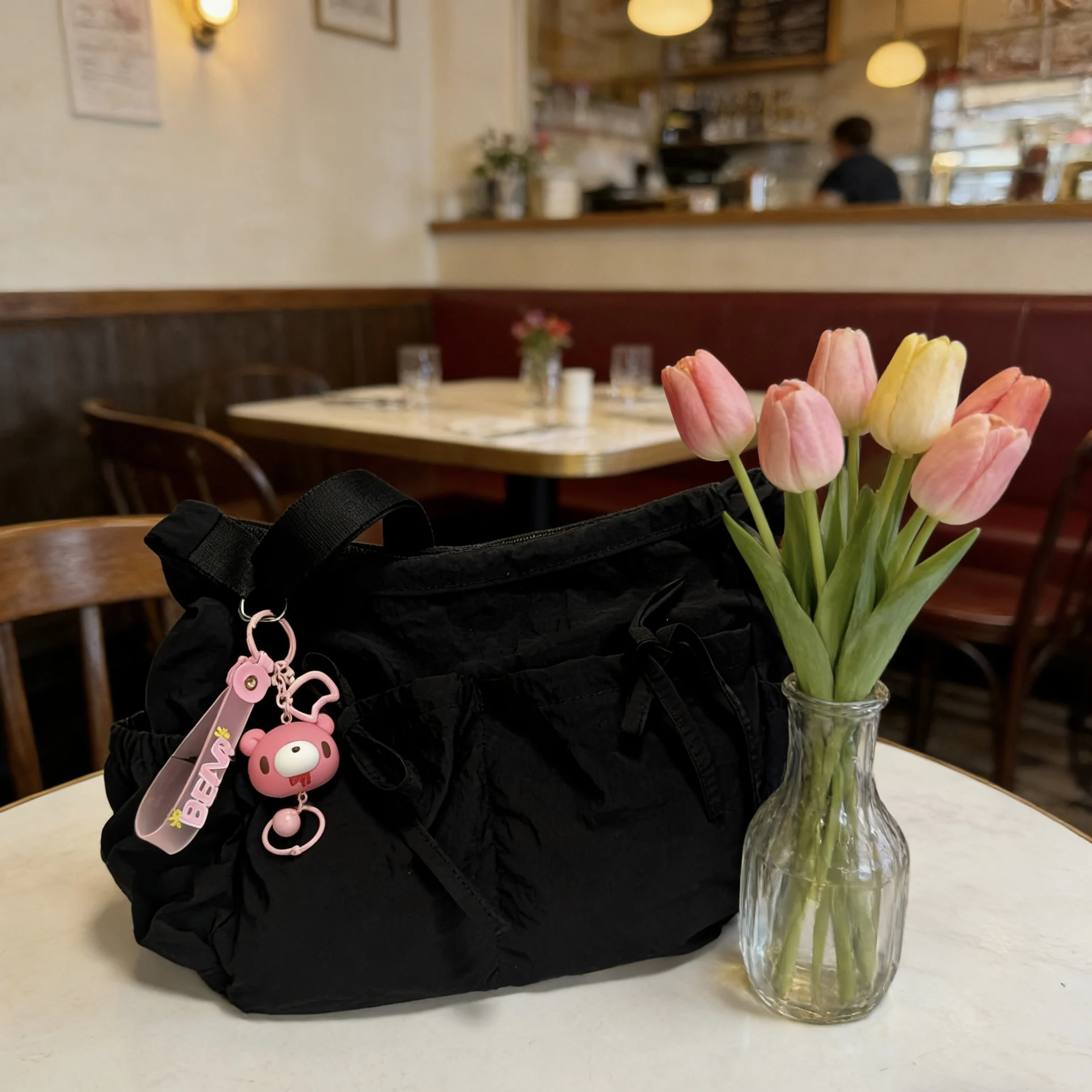 Cute Pink Bear Keychain with Bell & Wrist Strap – Kawaii Bag Charm for Daily Decor & Gift