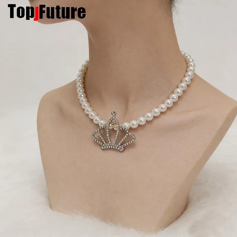 Subculture Spice Y2K Harajuku Gothic Mars Gal Women Gorgeous Crown Pearl Party Lolita Cosplay Punk Necklace Girl Collar