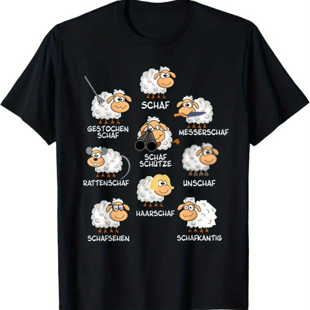 Funny German Sheep Word Game T-Shirt for Adults Black with White German Vocabulary Sheep Illustrations Casual Short Sleeve Tee