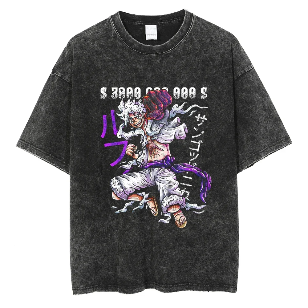 2026 Anime ONE PIECE Anime Nika Luffy Printed T-shirt Men's and Women's Washed T-shirt High Quality Vintage Cotton T-shirt Tops