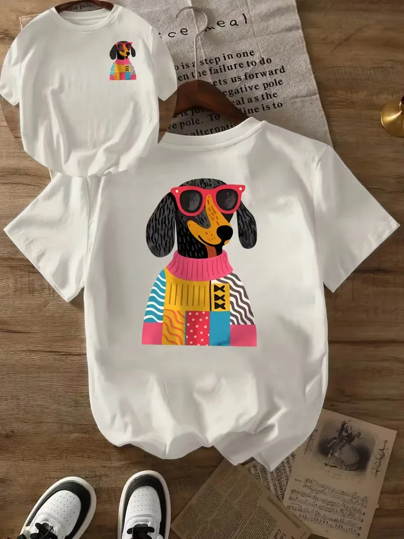 Casual Tops T-Shirt with Dachshund Sweater and Glasses Double-Sided Vibrant Design, Summer Daily Wear, Unisex Crew Neck Top