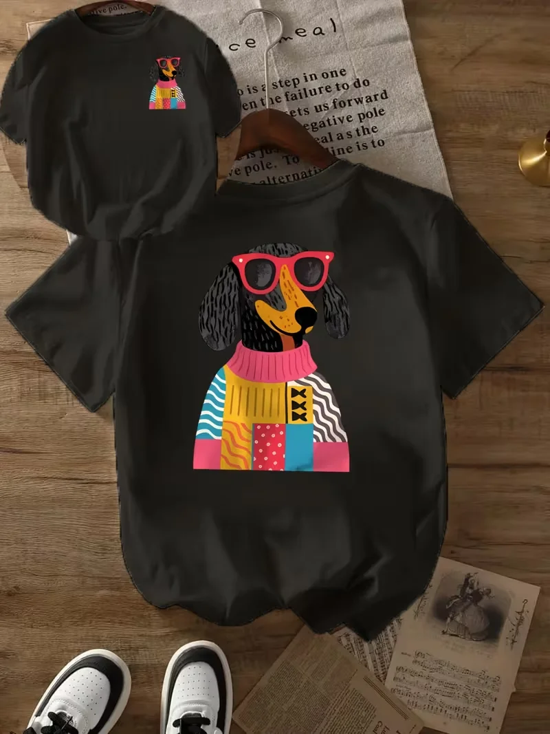 Casual Tops T-Shirt with Dachshund Sweater and Glasses Double-Sided Vibrant Design, Summer Daily Wear, Unisex Crew Neck Top
