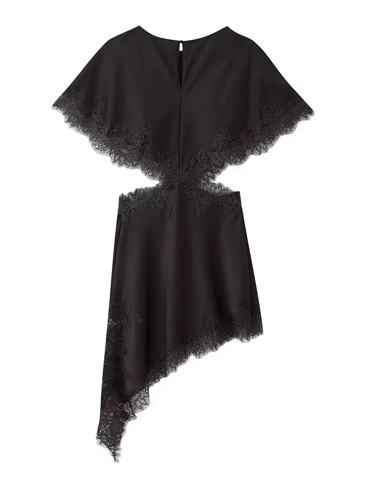 HH Women Elegant Solid Waist Hollow Out Dress Lace Trim Cutout Asymmetrical Midi Dress Y2K Lady Sexy Club Party Dresses