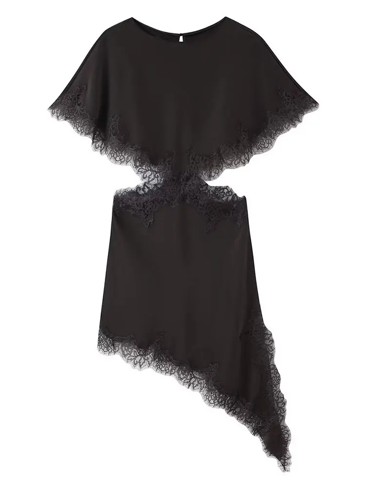HH Women Elegant Solid Waist Hollow Out Dress Lace Trim Cutout Asymmetrical Midi Dress Y2K Lady Sexy Club Party Dresses