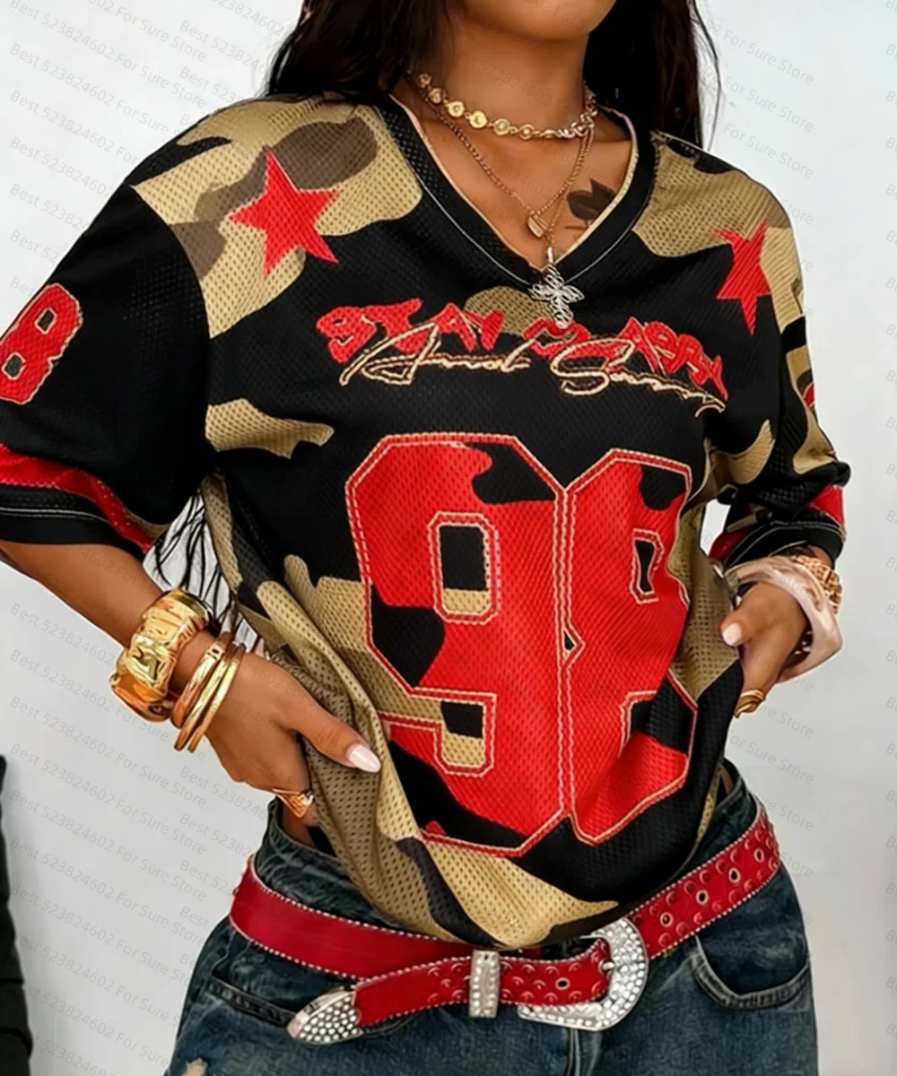 2026 Summer New Retro No.98 Print T-Shirt For Women V-Neck Camouflage Short Sleeve Tees Sports Jersey Y2K Plus Size Tops