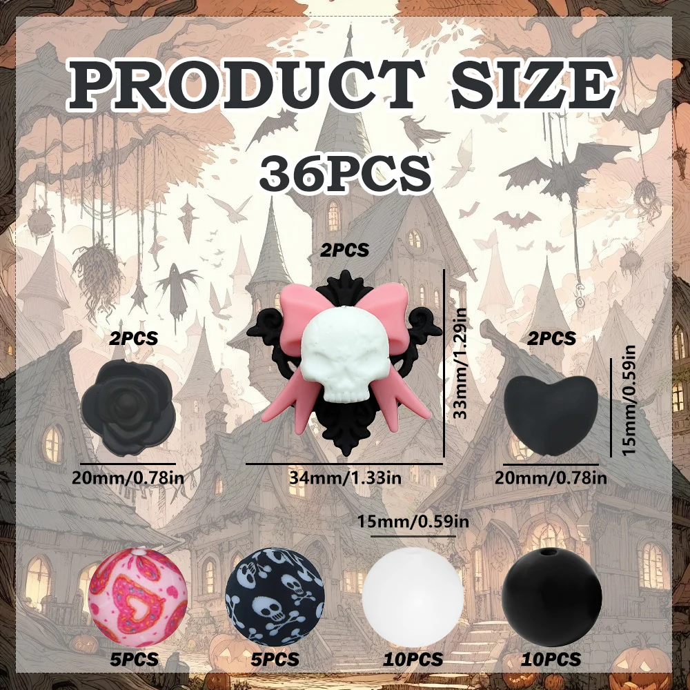 36PCS Skull Bow Silicone Bead Set, Perfect for DIY Handmade Crafts Such as Keychains, Necklaces, Bracelets, Etc