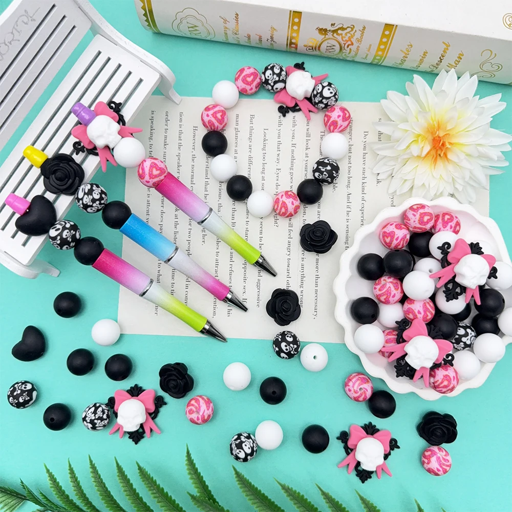 36PCS Skull Bow Silicone Bead Set, Perfect for DIY Handmade Crafts Such as Keychains, Necklaces, Bracelets, Etc