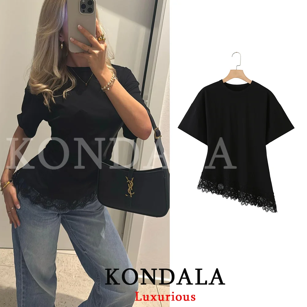 KONDALA Streetwear Casual Chic Women Top Lace Asymmetrical Short Sleeve O-Neck Top Fashion 2026 Summer Spring Holiday ElegantTop