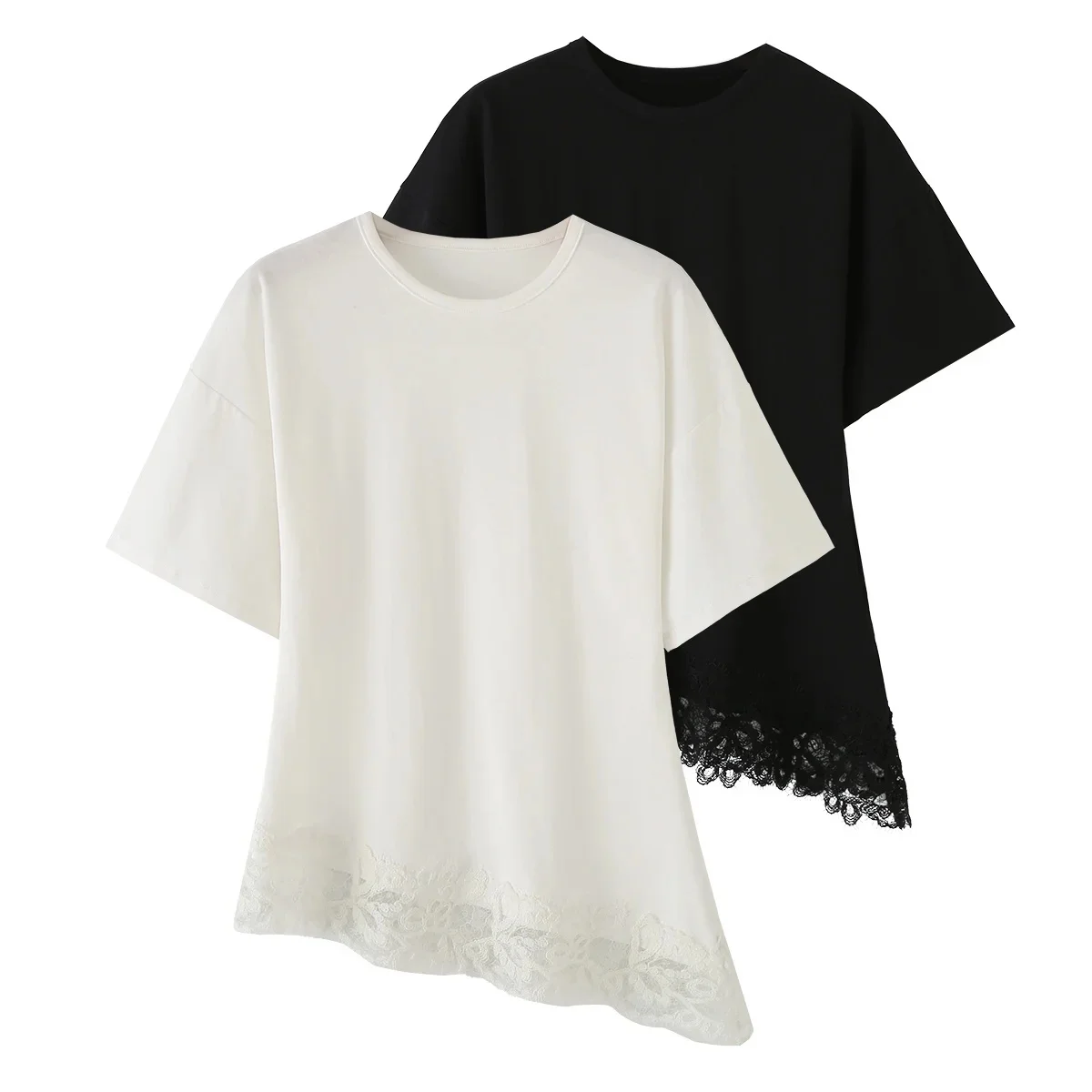 KONDALA Streetwear Casual Chic Women Top Lace Asymmetrical Short Sleeve O-Neck Top Fashion 2026 Summer Spring Holiday ElegantTop