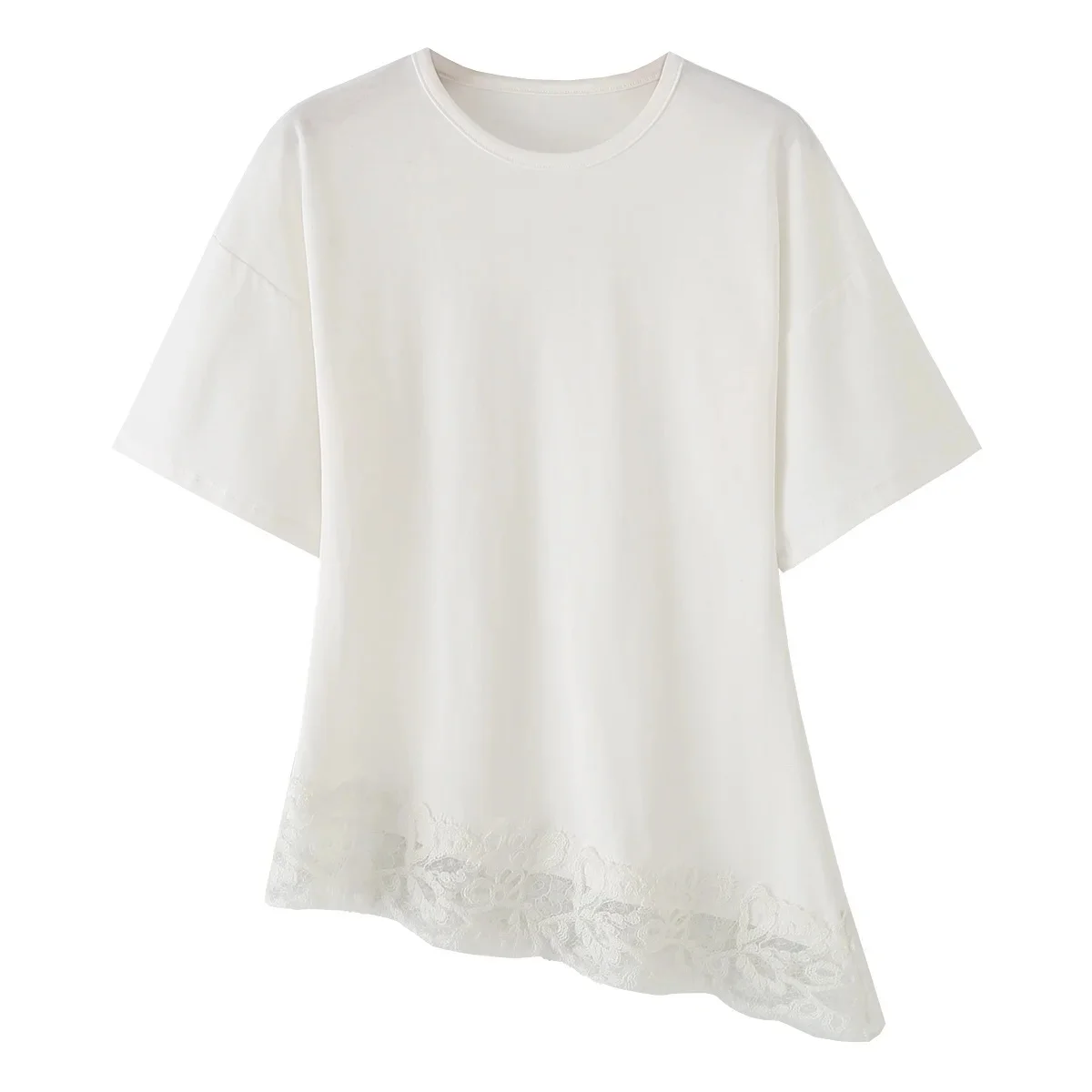 KONDALA Streetwear Casual Chic Women Top Lace Asymmetrical Short Sleeve O-Neck Top Fashion 2026 Summer Spring Holiday ElegantTop