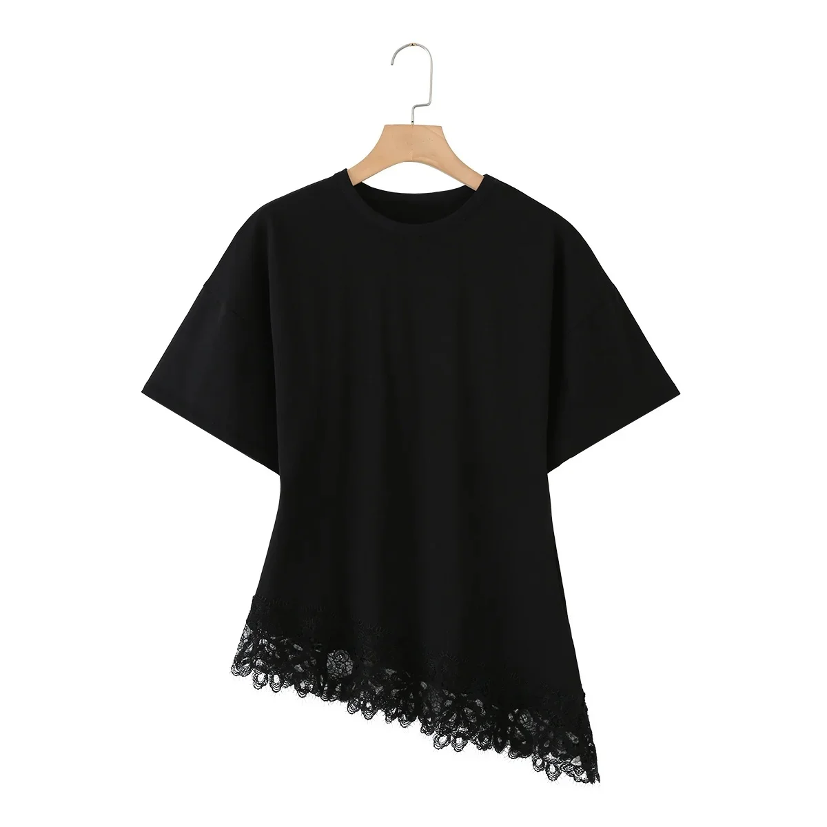 KONDALA Streetwear Casual Chic Women Top Lace Asymmetrical Short Sleeve O-Neck Top Fashion 2026 Summer Spring Holiday ElegantTop