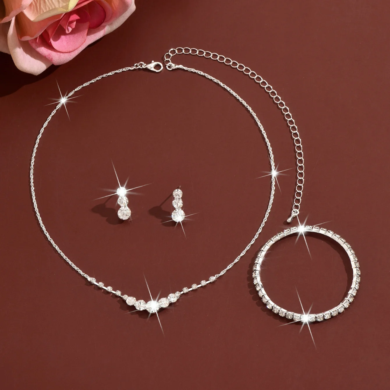 Simple rhinestone geometric stud earrings, necklace and bracelet set. Fashionable elastic wristband. Daily commuting jewelry.