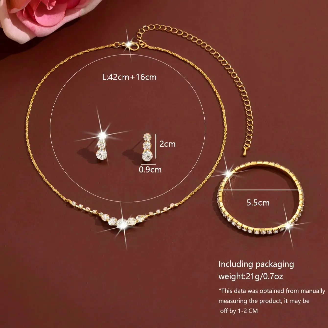 Simple rhinestone geometric stud earrings, necklace and bracelet set. Fashionable elastic wristband. Daily commuting jewelry.