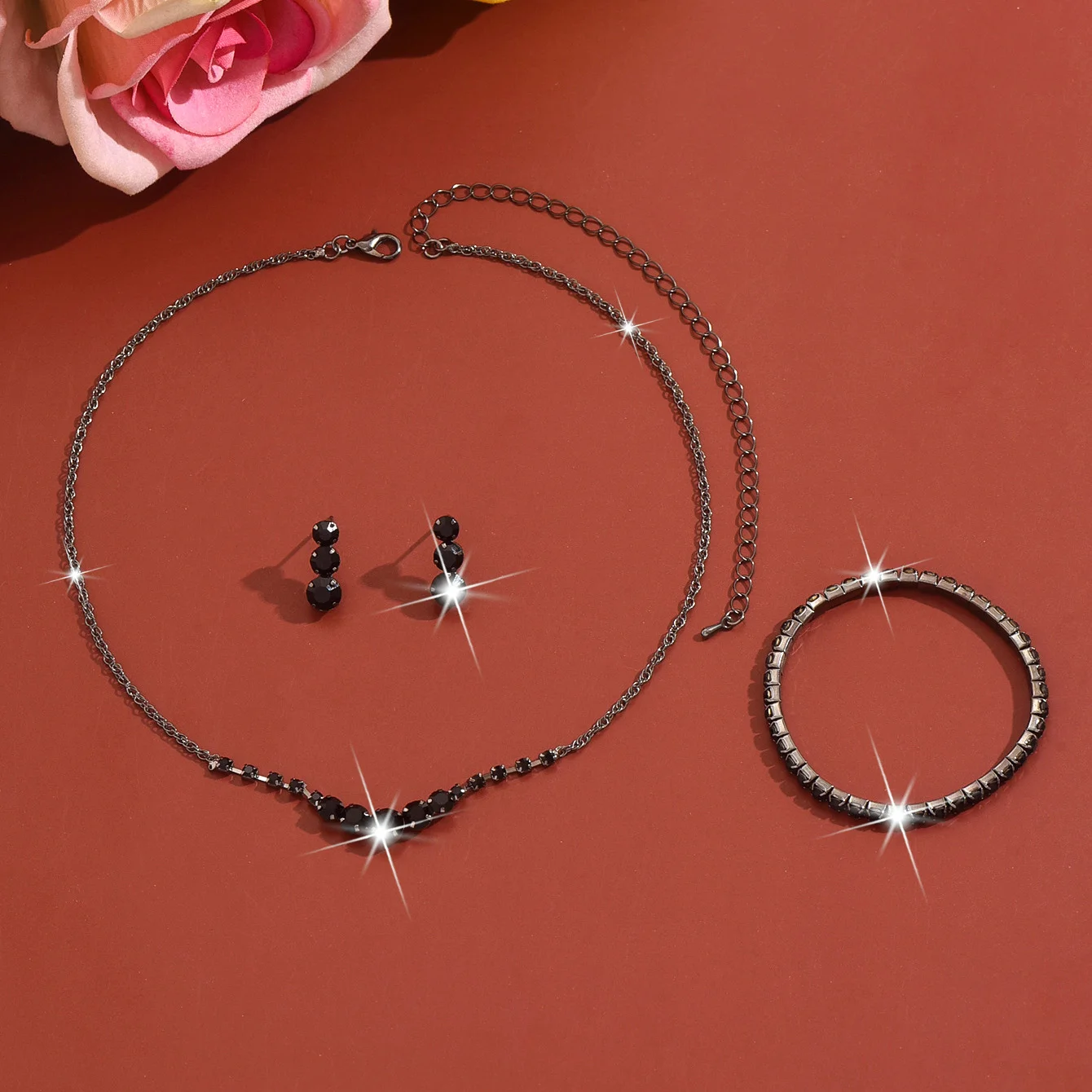 Simple rhinestone geometric stud earrings, necklace and bracelet set. Fashionable elastic wristband. Daily commuting jewelry.