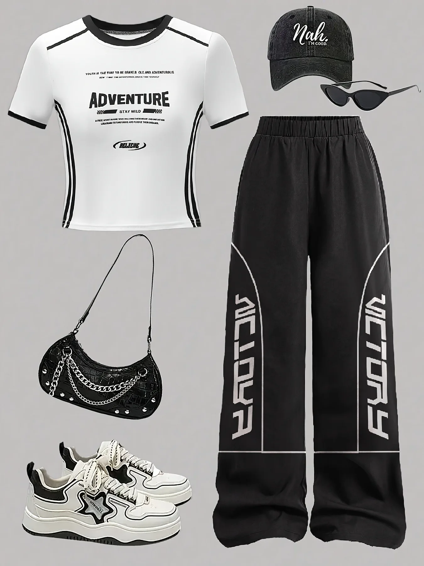 Letter Print Girls 2 Piece Set White Black Colorblock Top & Wide Leg Pants Sporty Casual Outfit