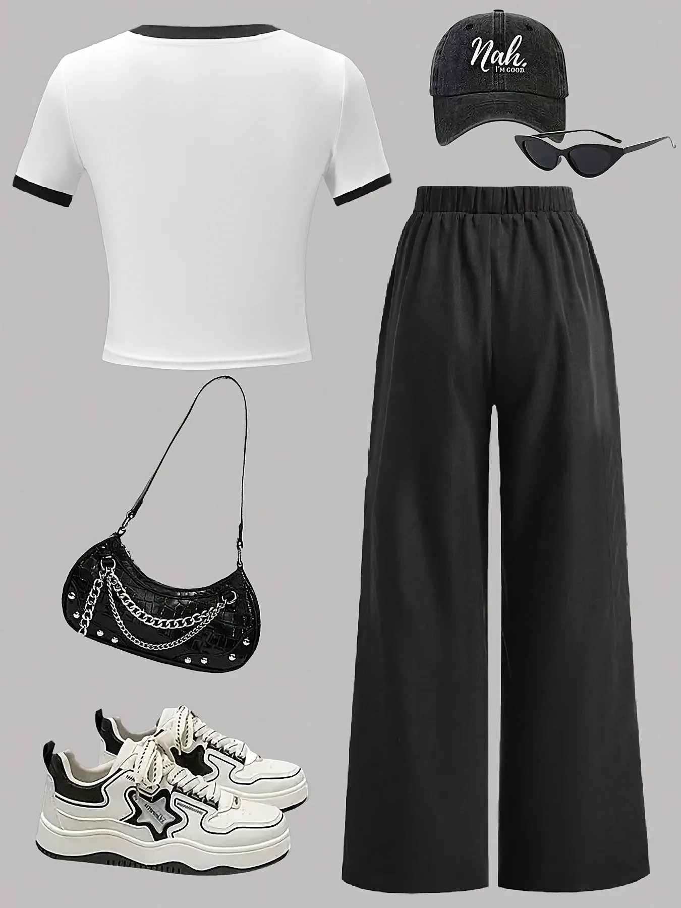 Letter Print Girls 2 Piece Set White Black Colorblock Top & Wide Leg Pants Sporty Casual Outfit