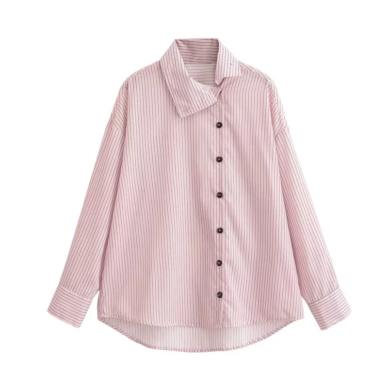 Women's Shirt 2026 Spring New Style Pink Striped Long Sleeve High Neck Single-Breasted Loose Shirt Casual Fashion Unique