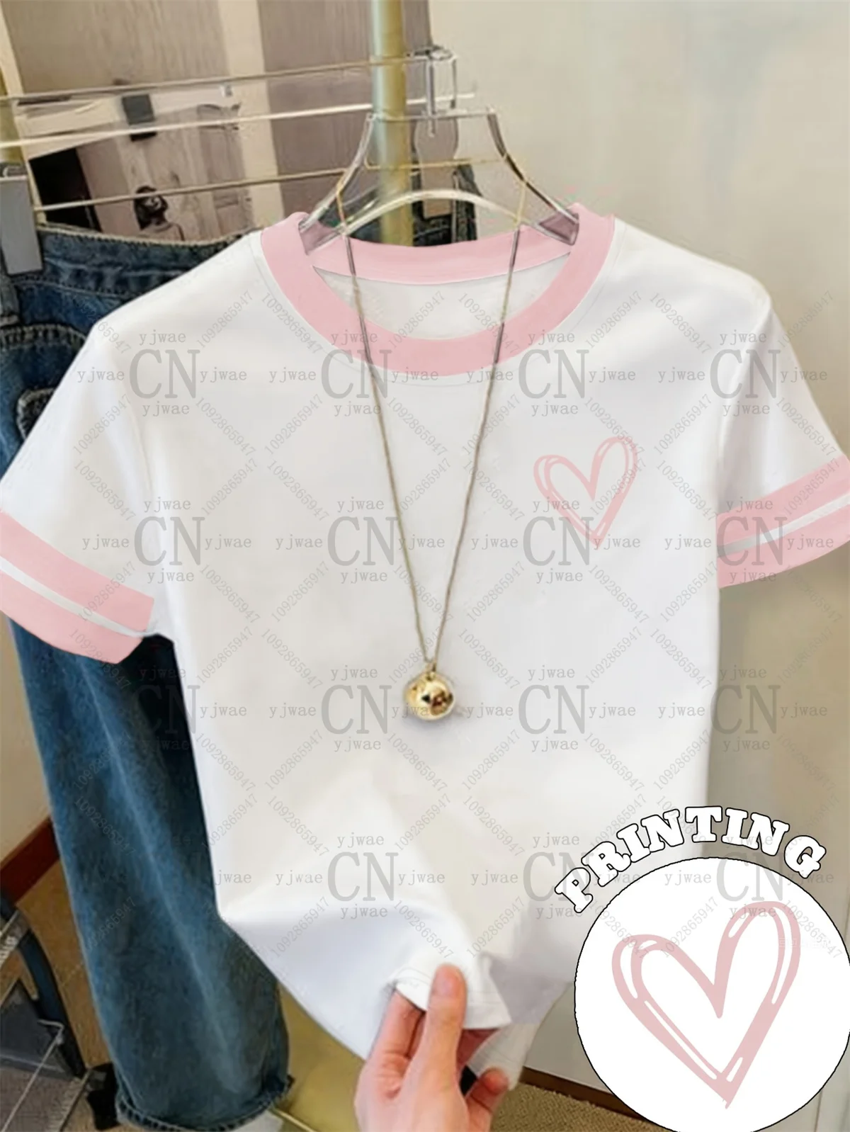 Women'S Y2k 2026 White Contrast Heart Print Vintage Short Sleeved Simple British Style Fashion Streetwear Summer Women'S T-Shirt
