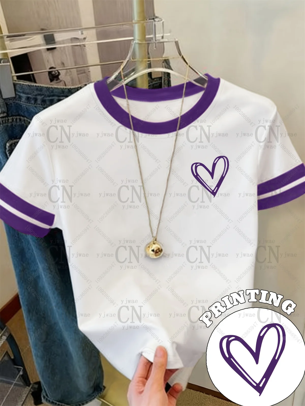 Women'S Y2k 2026 White Contrast Heart Print Vintage Short Sleeved Simple British Style Fashion Streetwear Summer Women'S T-Shirt