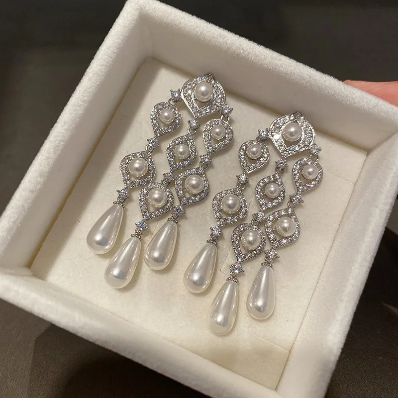 Retro water droplet pearl tassel earrings for women hollow out bridal dress diamonds Long earring wedding exaggerated jewelry