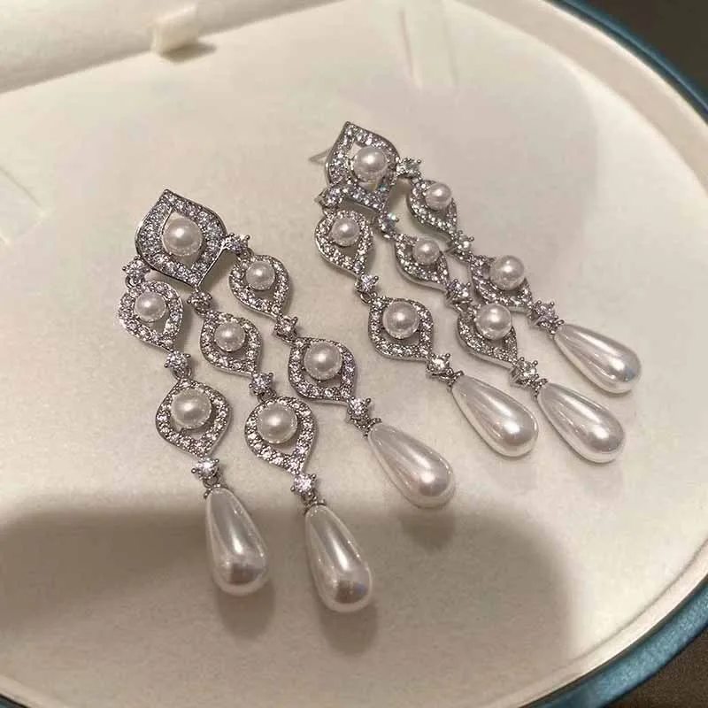 Retro water droplet pearl tassel earrings for women hollow out bridal dress diamonds Long earring wedding exaggerated jewelry