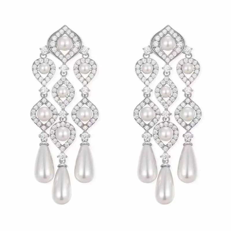 Retro water droplet pearl tassel earrings for women hollow out bridal dress diamonds Long earring wedding exaggerated jewelry