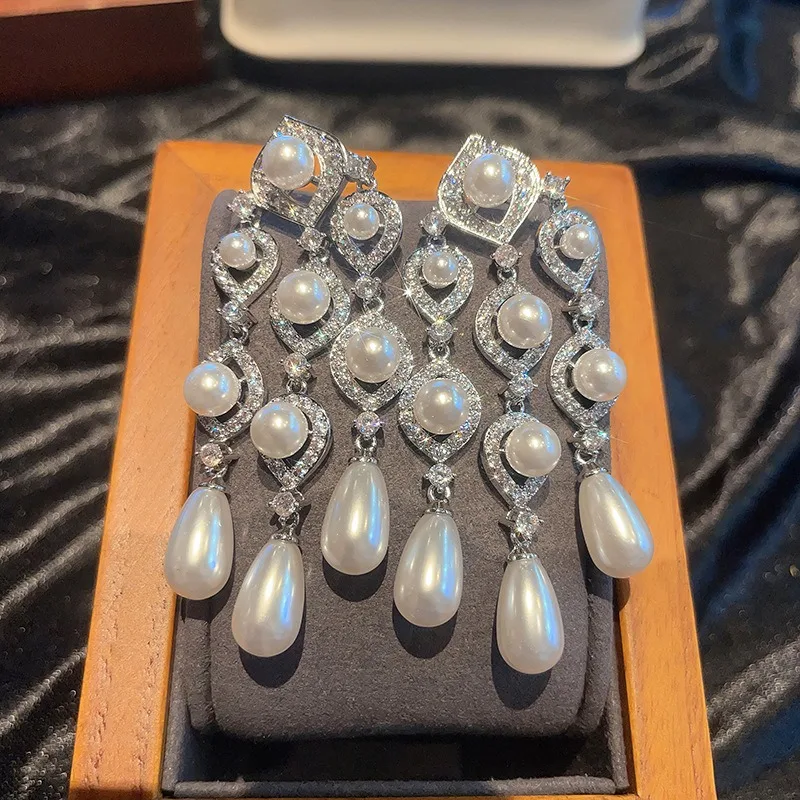 Retro water droplet pearl tassel earrings for women hollow out bridal dress diamonds Long earring wedding exaggerated jewelry