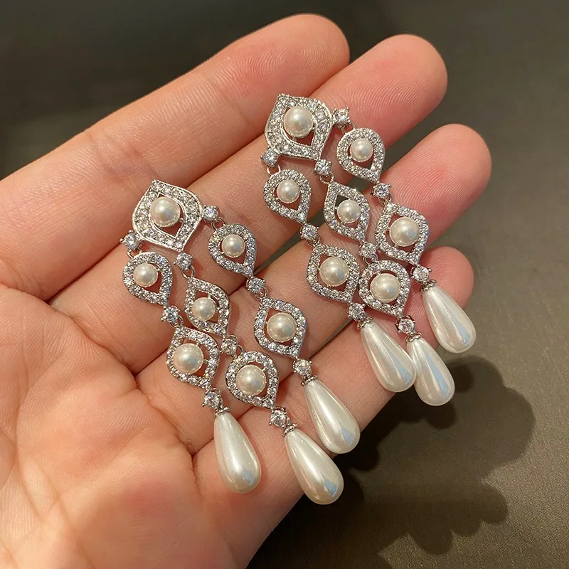Retro water droplet pearl tassel earrings for women hollow out bridal dress diamonds Long earring wedding exaggerated jewelry