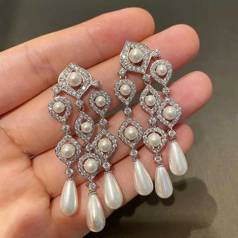 Retro water droplet pearl tassel earrings for women hollow out bridal dress diamonds Long earring wedding exaggerated jewelry