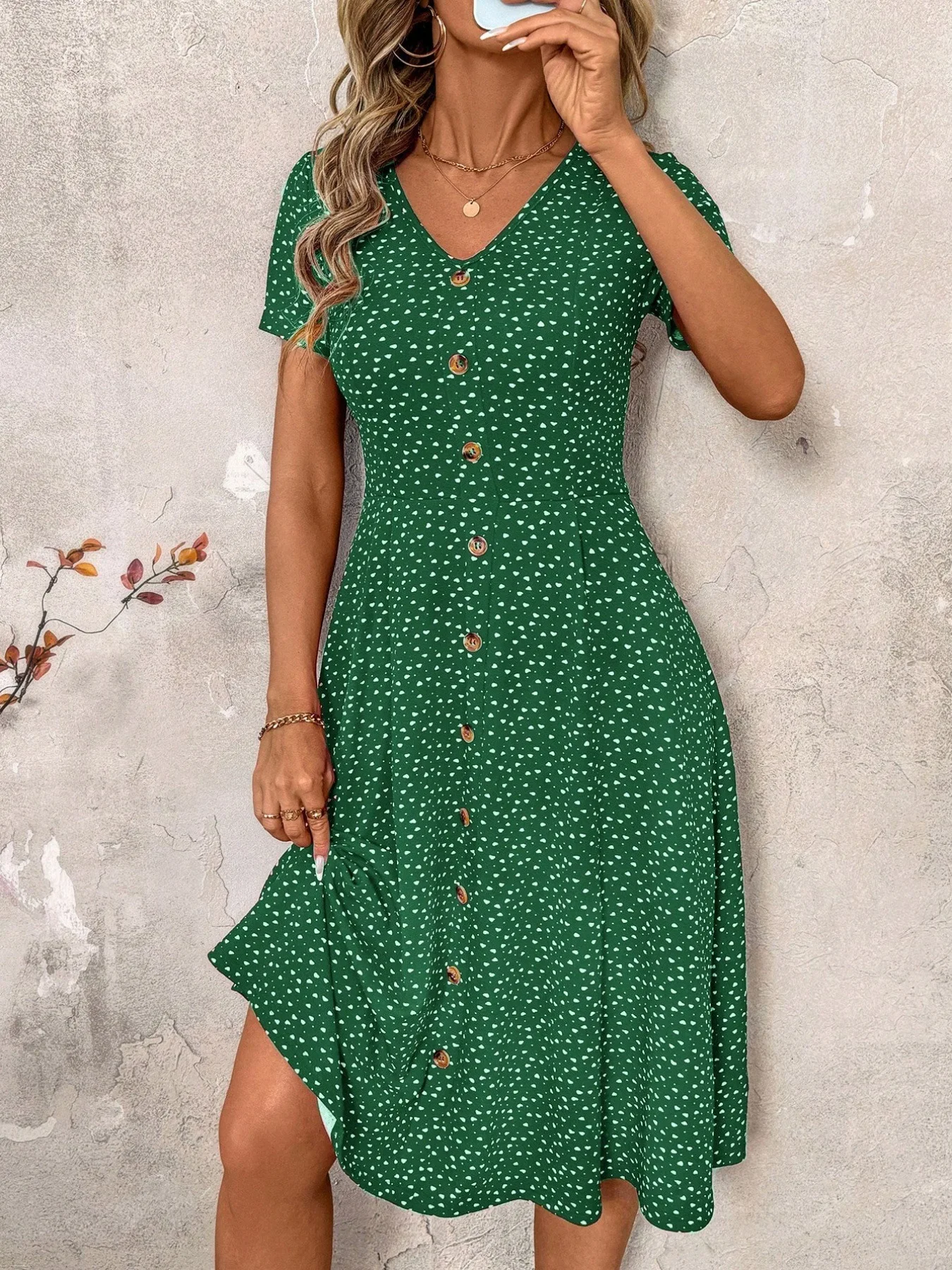 Women's Polka Dot V Neck Midi Dress Casual Button Down Short Sleeve A Line Swing Summer Beach Dress