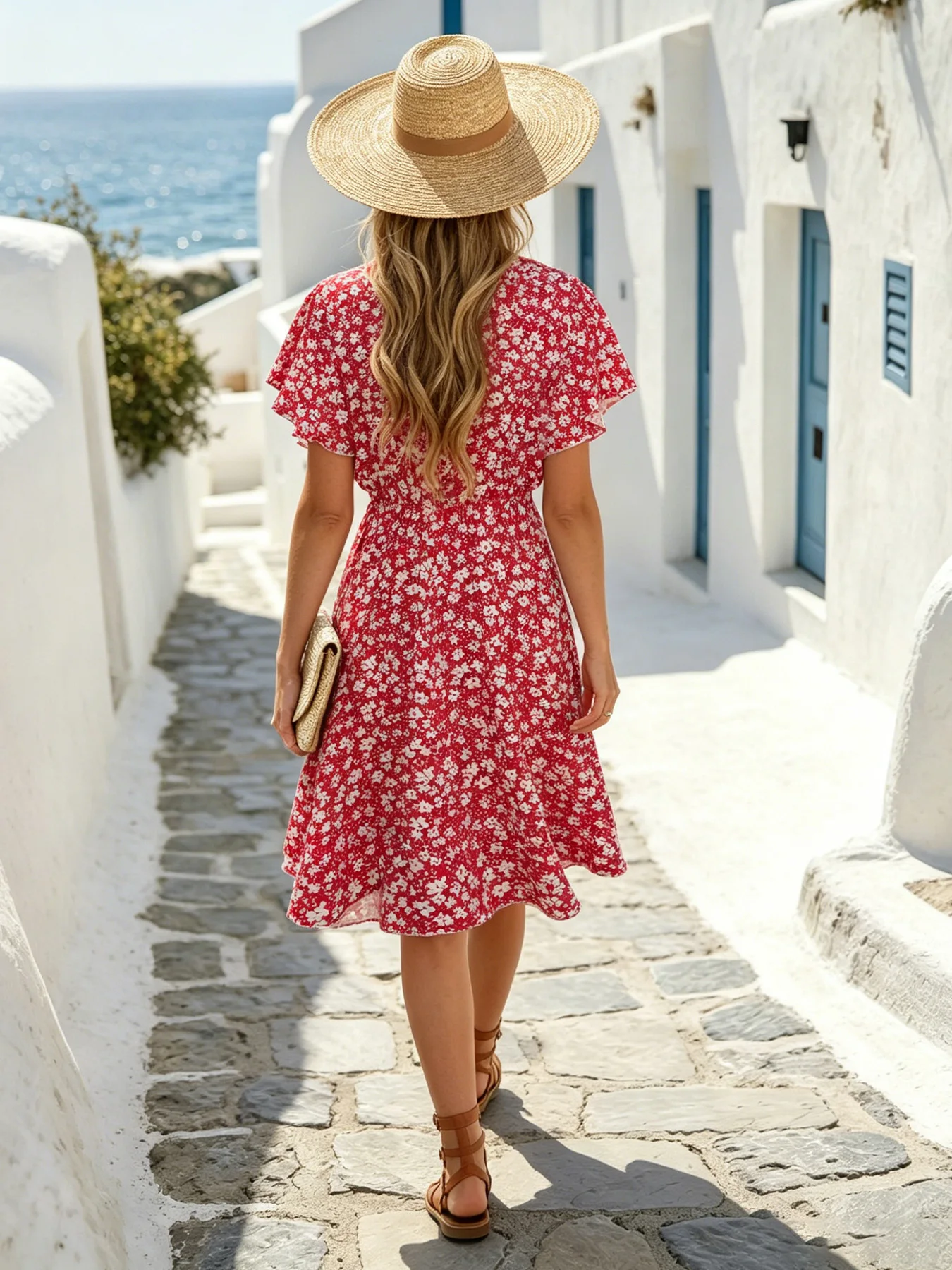 Women's Polka Dot V Neck Midi Dress Casual Button Down Short Sleeve A Line Swing Summer Beach Dress
