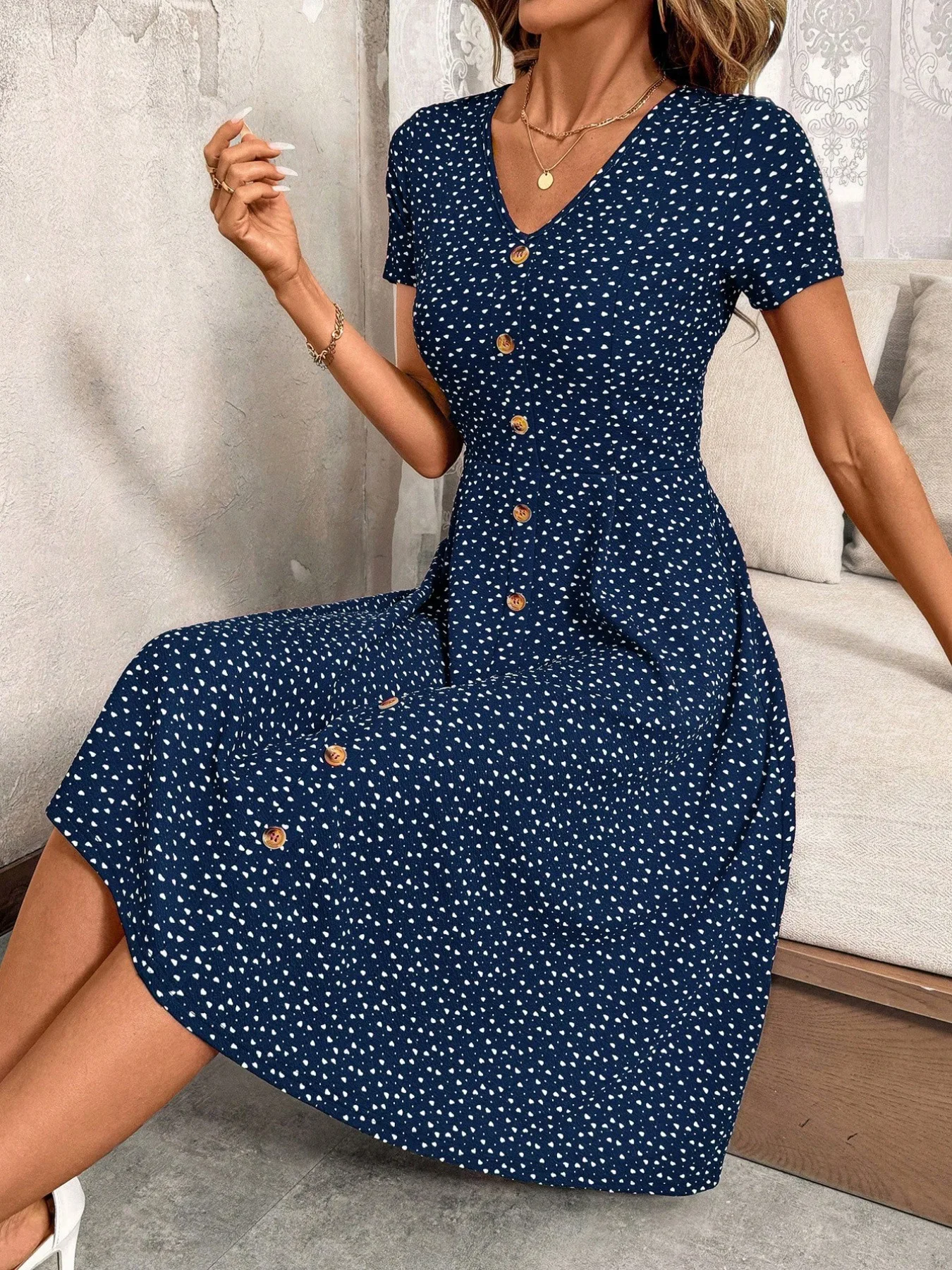 Women's Polka Dot V Neck Midi Dress Casual Button Down Short Sleeve A Line Swing Summer Beach Dress