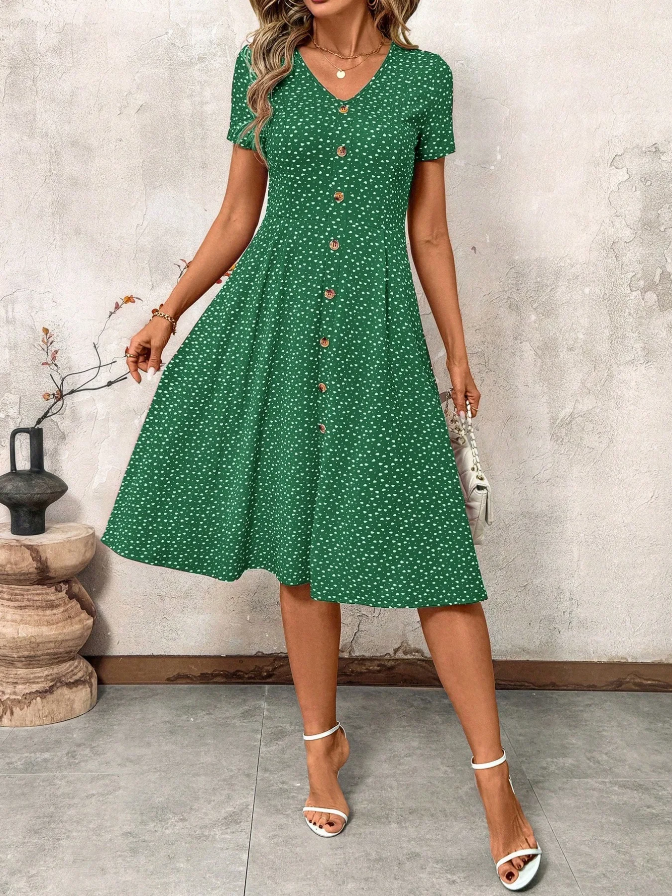Women's Polka Dot V Neck Midi Dress Casual Button Down Short Sleeve A Line Swing Summer Beach Dress