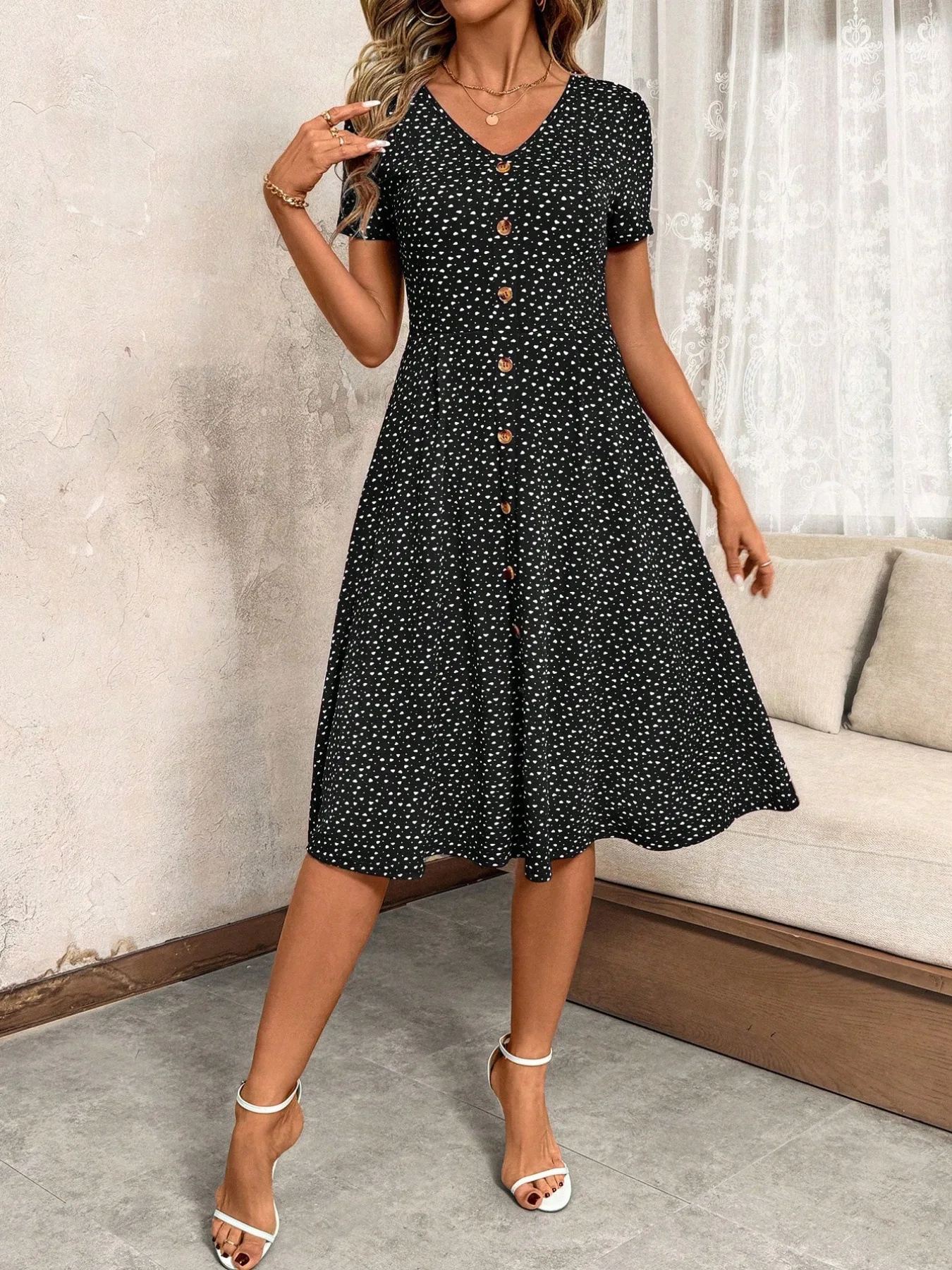 Women's Polka Dot V Neck Midi Dress Casual Button Down Short Sleeve A Line Swing Summer Beach Dress