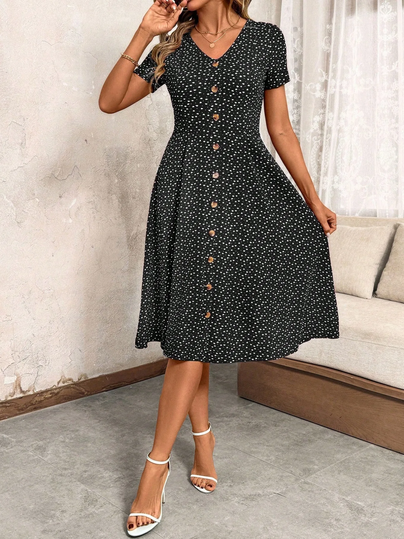 Women's Polka Dot V Neck Midi Dress Casual Button Down Short Sleeve A Line Swing Summer Beach Dress