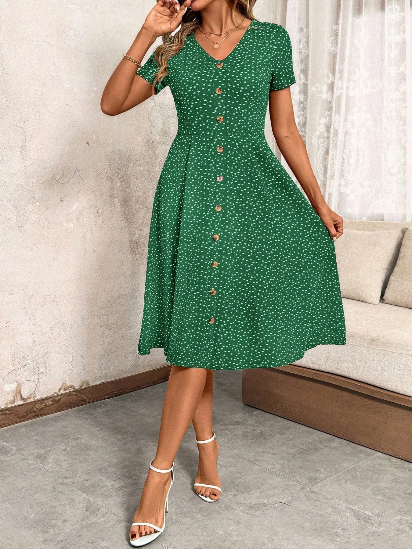 Women's Polka Dot V Neck Midi Dress Casual Button Down Short Sleeve A Line Swing Summer Beach Dress