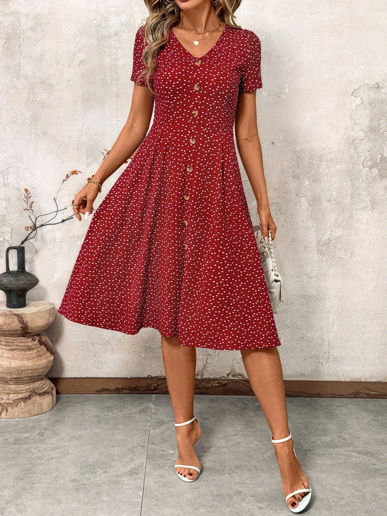 Women's Polka Dot V Neck Midi Dress Casual Button Down Short Sleeve A Line Swing Summer Beach Dress