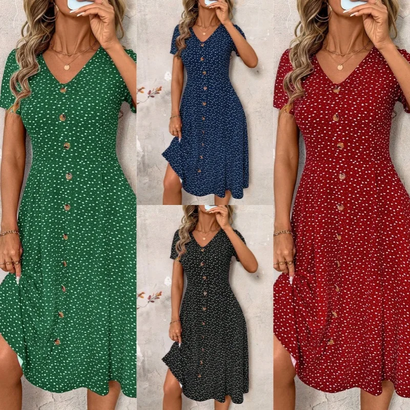 Women's Polka Dot V Neck Midi Dress Casual Button Down Short Sleeve A Line Swing Summer Beach Dress