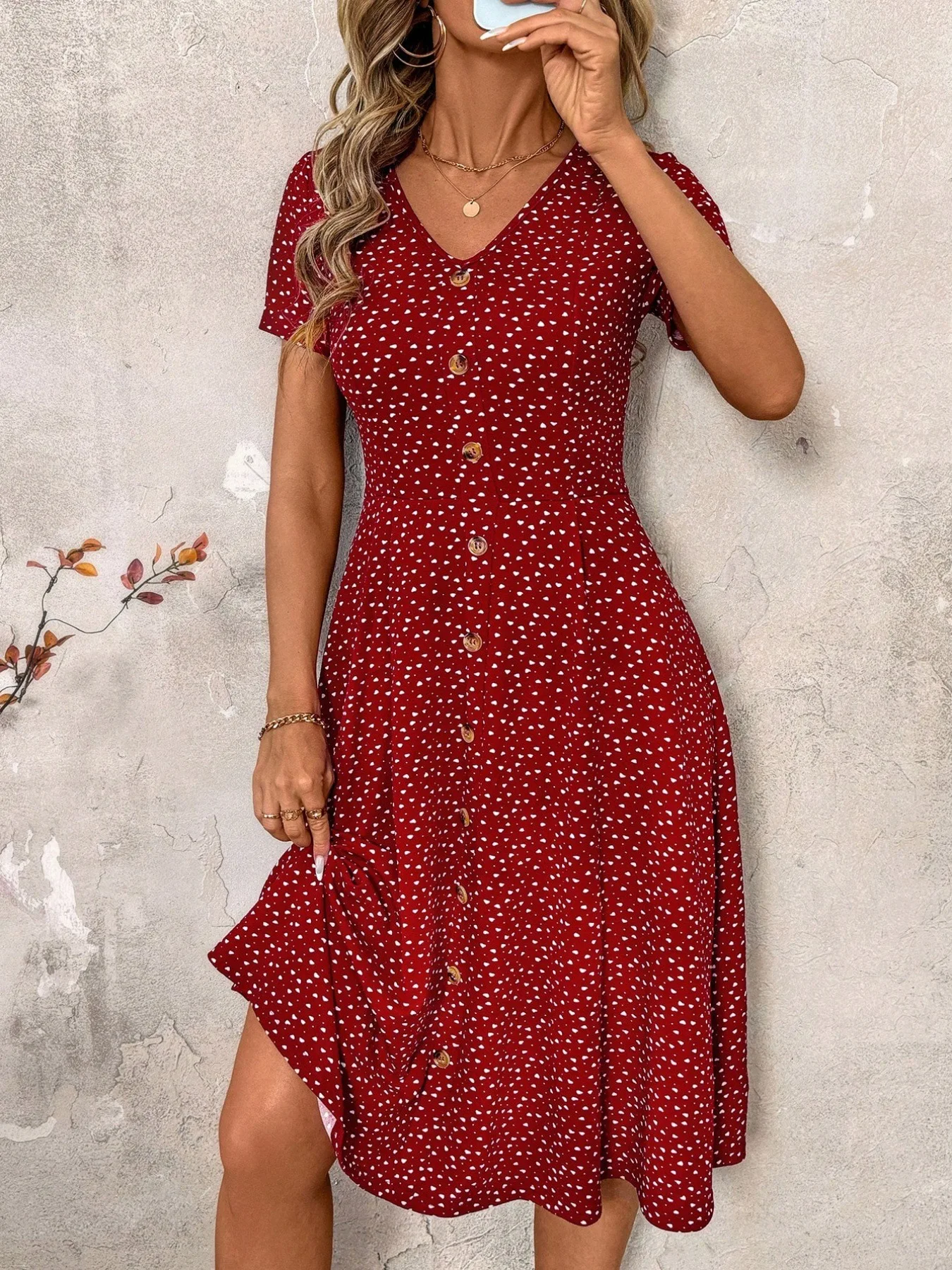 Women's Polka Dot V Neck Midi Dress Casual Button Down Short Sleeve A Line Swing Summer Beach Dress
