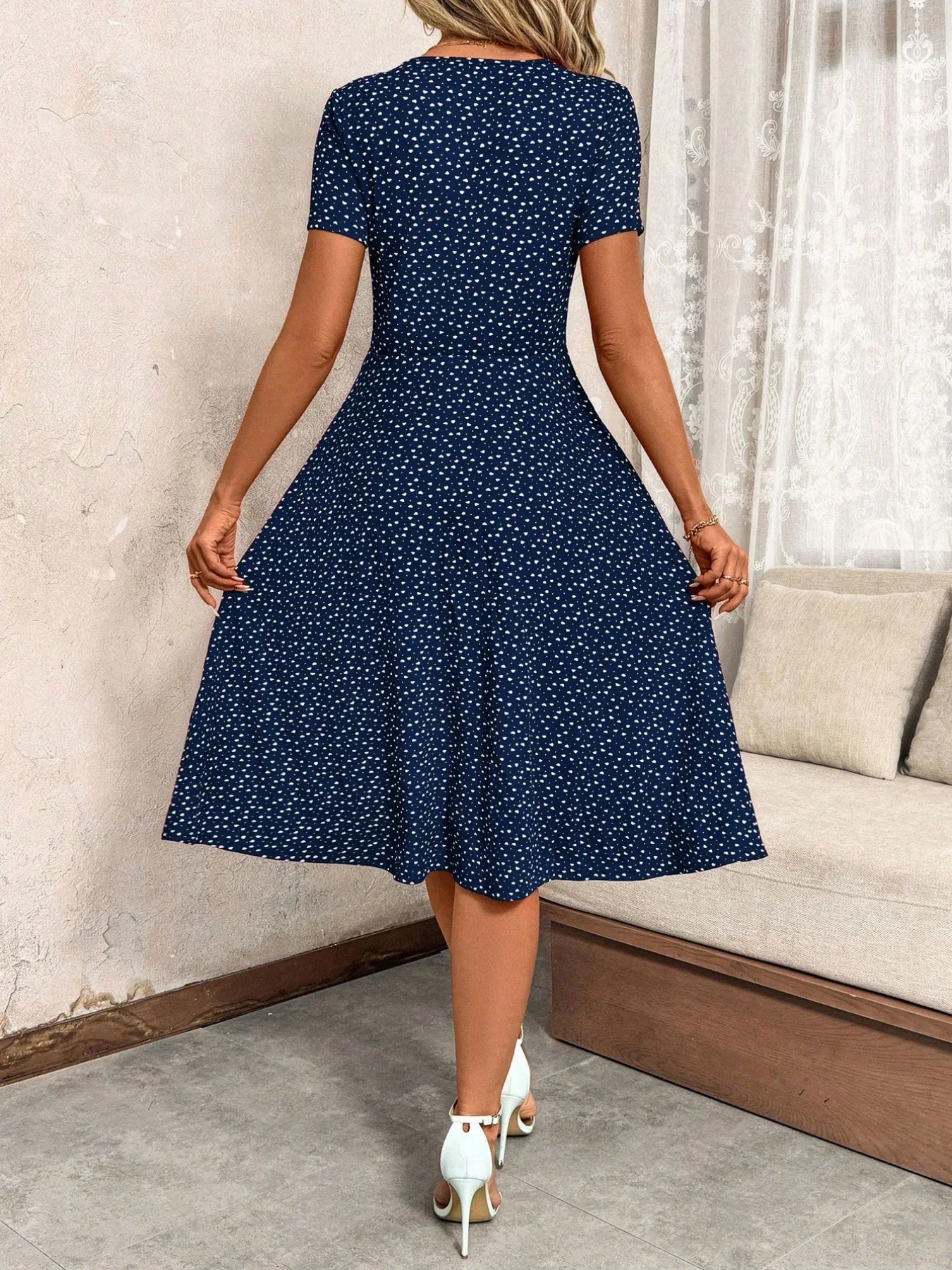 Women's Polka Dot V Neck Midi Dress Casual Button Down Short Sleeve A Line Swing Summer Beach Dress