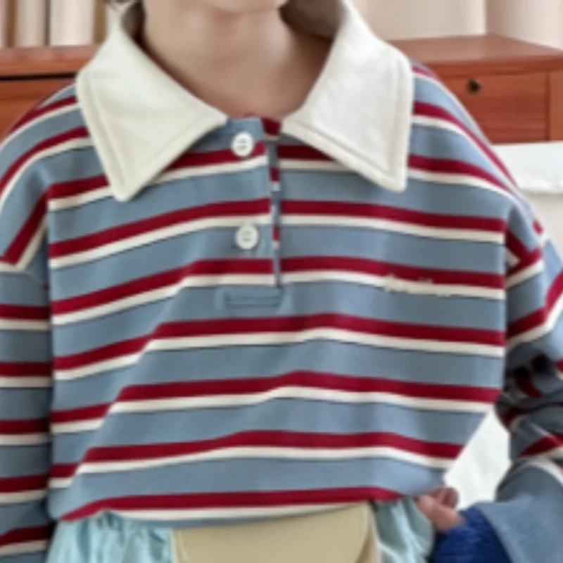 Korean thin striped sweatshirt for girls in spring and autumn, retro versatile, contrasting loose casual top
