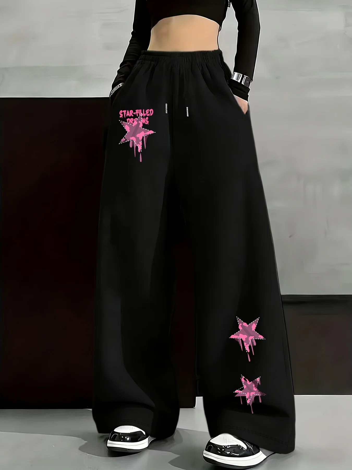 New Women's Plus Size Spring Star Print Pants Fleece Elastic Waist Straight Leg Sweatpants Fashionable and Versatile