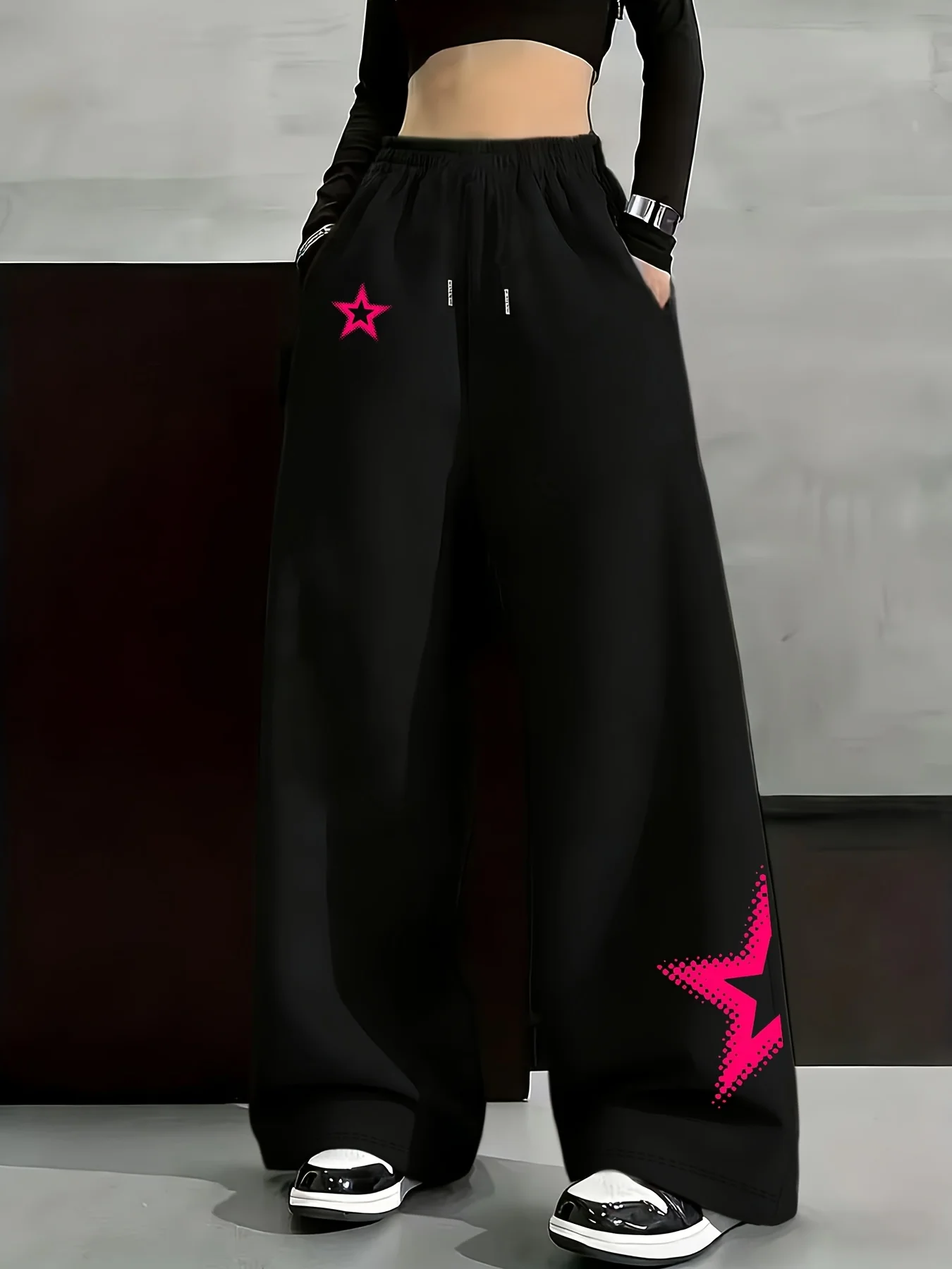 New Women's Plus Size Spring Star Print Pants Fleece Elastic Waist Straight Leg Sweatpants Fashionable and Versatile