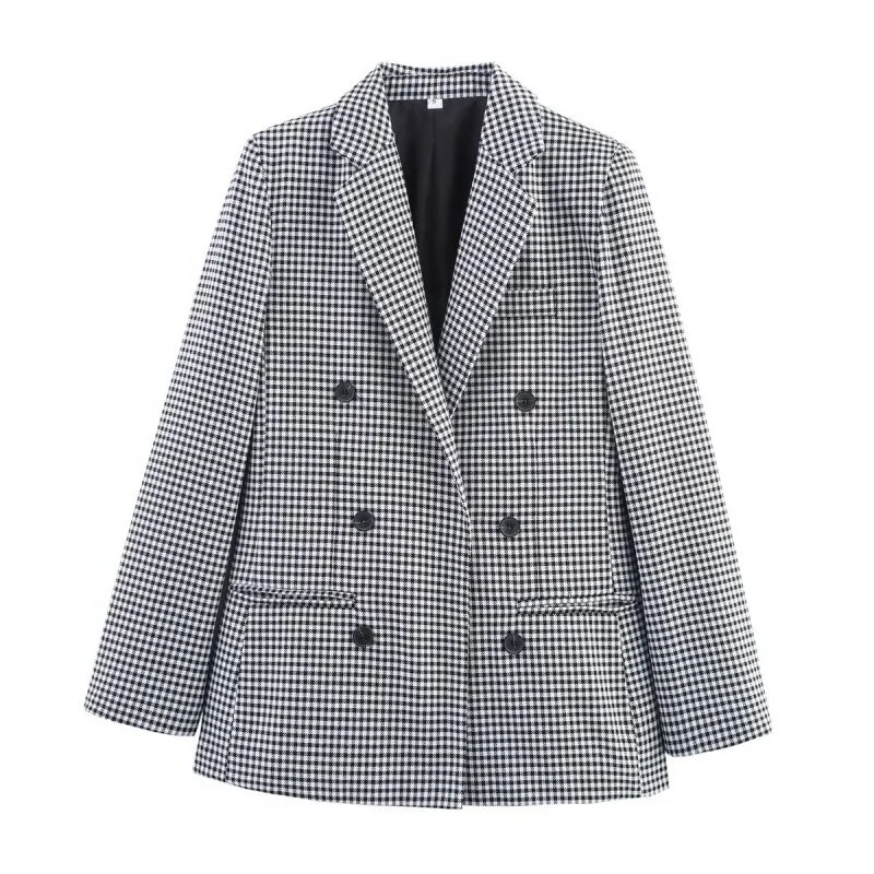 Women's Plaid Blazer Spring Casual Double Breasted Suit Jacket Office Work Daily Outwear Two Colors